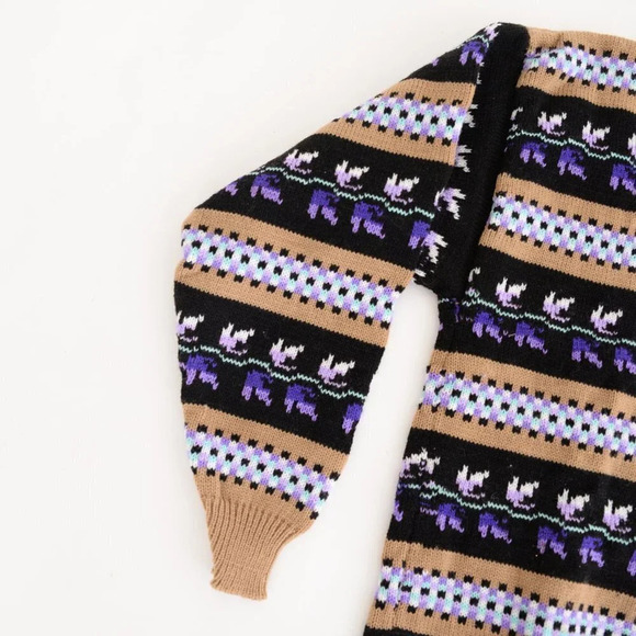 Vintage  Black & Tan with Purple Design Crewneck Sweater - Picture 8 of 11